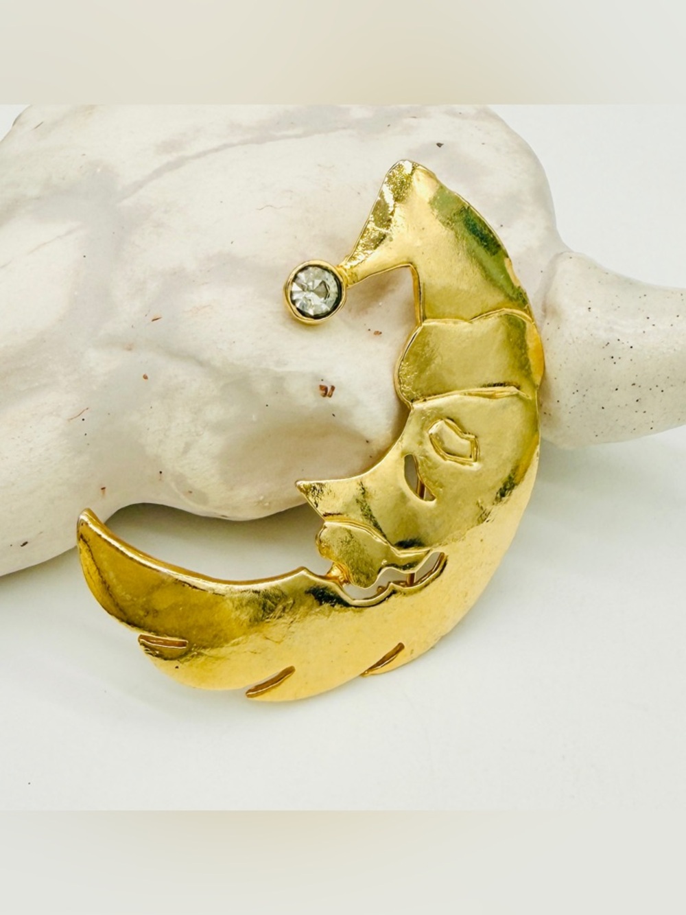 Vintage Moon Man Gold Crescent Moon Brooch with Clear Rhinestone- Celestial